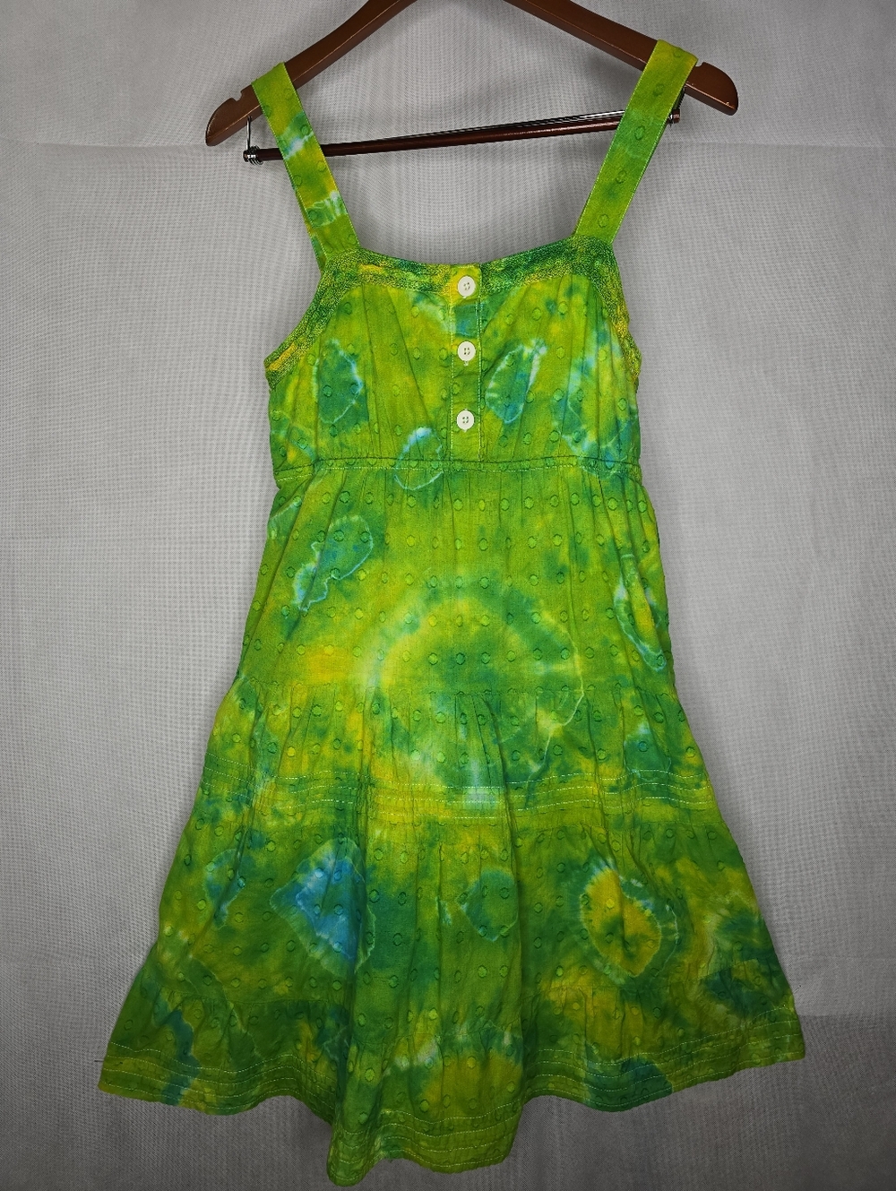 SO Tie Dye Mini Sundress Green Blue Button Front Lined Tiered Textured Cotton M